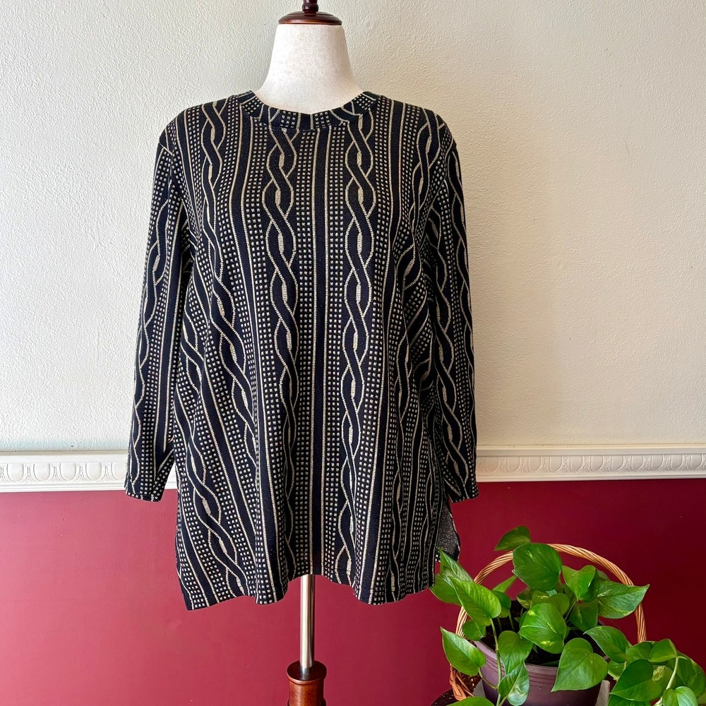 Vintage Young Stuff II Metallic Gold Black Geometric Knit Sweater 1X Made in USA